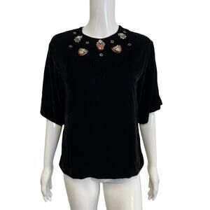 DOROTHEE SCHUMACHER Black Velvet Rhinestone Beaded Short Sleeve Crewneck Top M